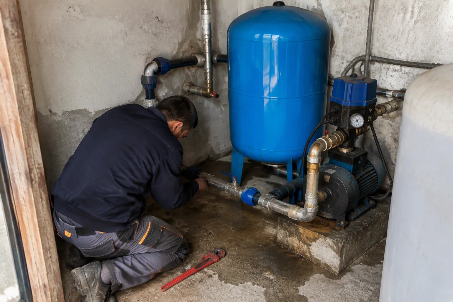 Tecnico idraulico inginocchiato che serra un raccordo del gruppo di spinta di un autoclave condominiale: vaso d'espansione blu, elettropompa e manometro nel locale tecnico di un palazzo a Palermo