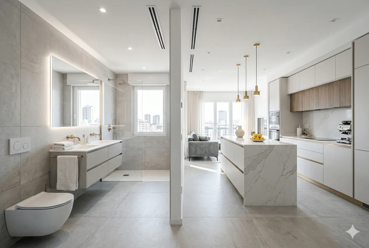 Bagno ristrutturato con sanitari sospesi, doccia walk-in e nuova distribuzione idrica - Tempestivo Castellammare del Golfo