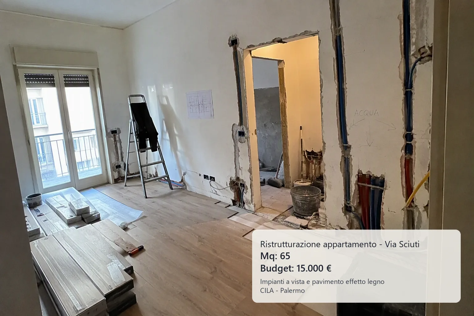 Cantiere di ristrutturazione appartamento a Palermo in via Sciuti con tracce impianti e posa pavimento effetto legno
