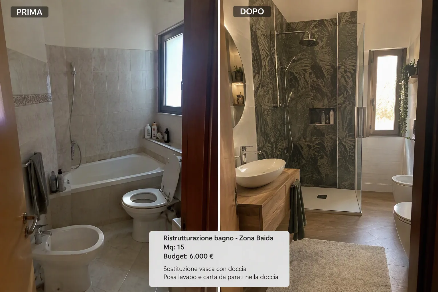 Confronto prima e dopo ristrutturazione bagno a Palermo in zona Baida con doccia walk-in e carta da parati waterproof