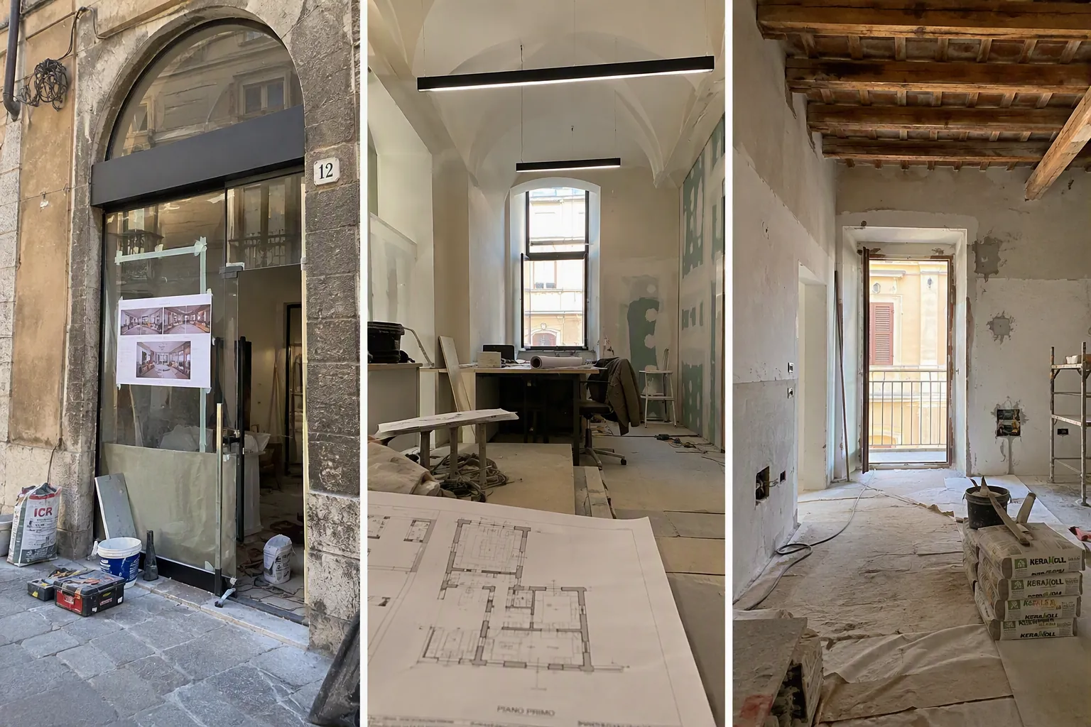 Tre fasi del cantiere di ristrutturazione in centro storico a Palermo: ingresso del locale con vetrina ad arco, interno con volte e disegni di progetto sul tavolo, ambiente al grezzo con travi in legno a vista